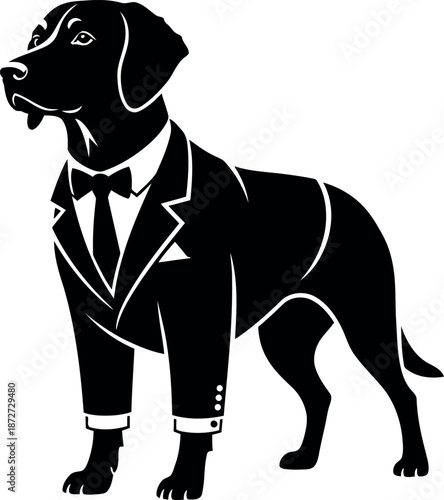 Silhouette of a dog wearing a suit and tie