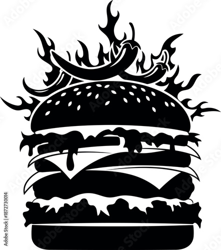 Silhouette of a flaming burger in black and white