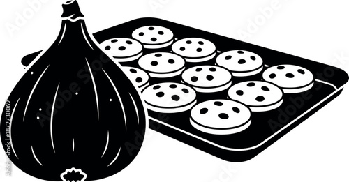 Silhouette of an onion and a baking tray of onion rings