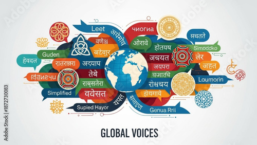 Global communication concept with earth surrounded by speech bubbles in various languages representing diversity and connection vector illust