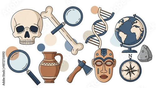 Collection of archaeology and anthropology icons representing history science and discovery perfect for educational or research concepts