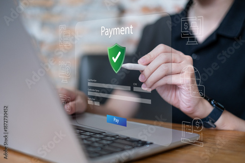 Person using laptop for credit card online payment pay purchase buying finance banking transaction confirmation shopping e-business application electronic, digital fintech security innovation concept
