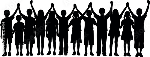 Silhouette of a group of people standing in a line with hands raised
