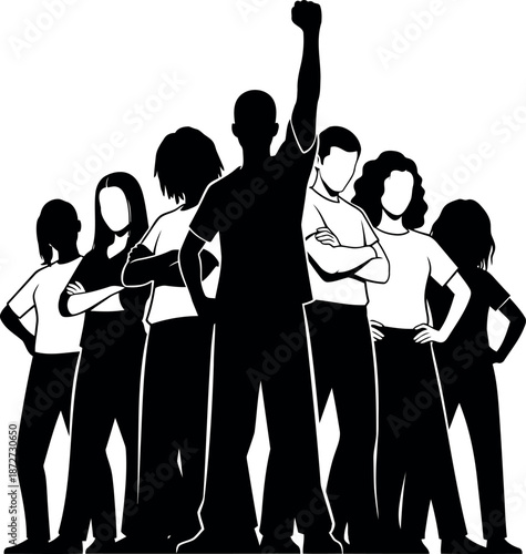 Black silhouette of a group of people with one fist raised in unity