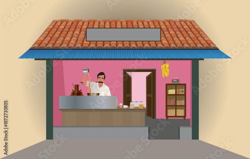 Kerala traditional tea shop illustration vector.  A traditional Indian street Chai Wallah Vector.