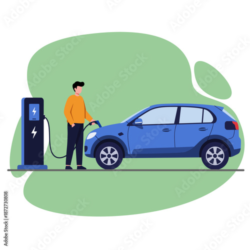Man charging a blue electric hatchback car at a dark blue station, modern flat vector illustration.