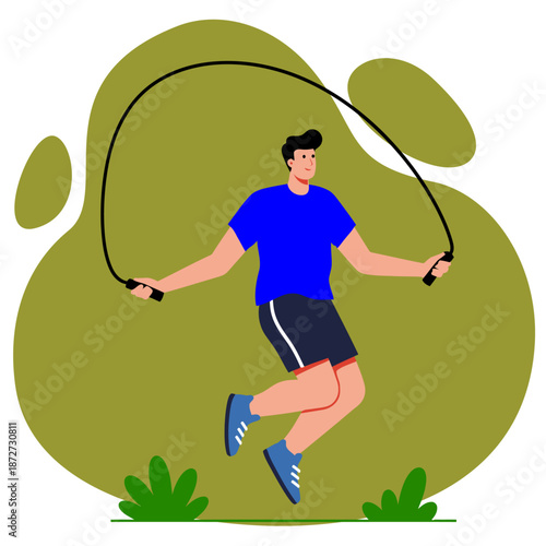 Smiling man in blue activewear skipping rope, mid-air jump, flat illustration style.