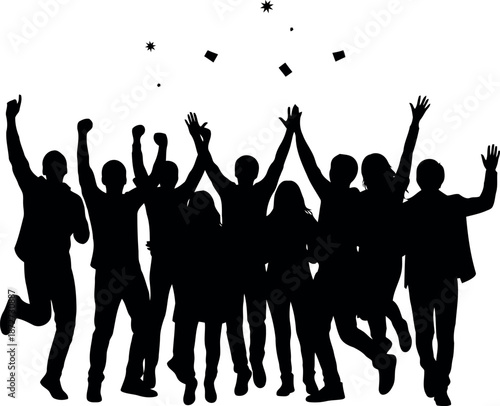 Silhouette of a joyful group of people celebrating with raised hands and confetti