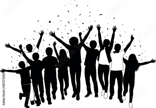 Silhouette of a joyful group of people celebrating with raised arms in unison silhouette