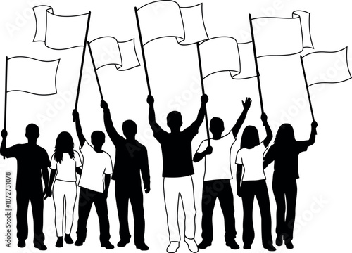 Silhouette of a group of people holding flags in protest or celebration