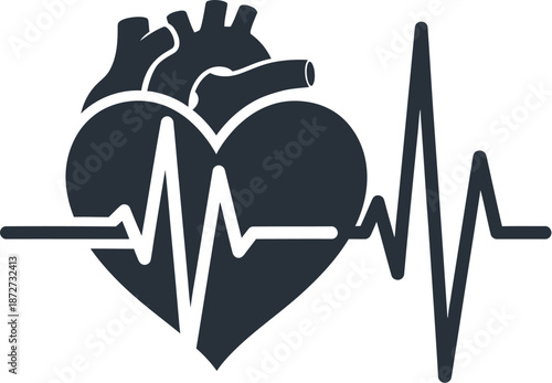 Dynamic illustration representing human cardiovascular health, combining an anatomical heart with an active electrocardiogram pulse line, symbolizing vitality, medical monitoring, and wellness