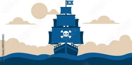 A majestic blue pirate ship sails through a cloudy sea under a bright sun, featuring the iconic skull and crossbones flag