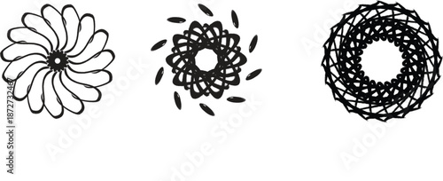 Black and white line drawings of flower like shapes