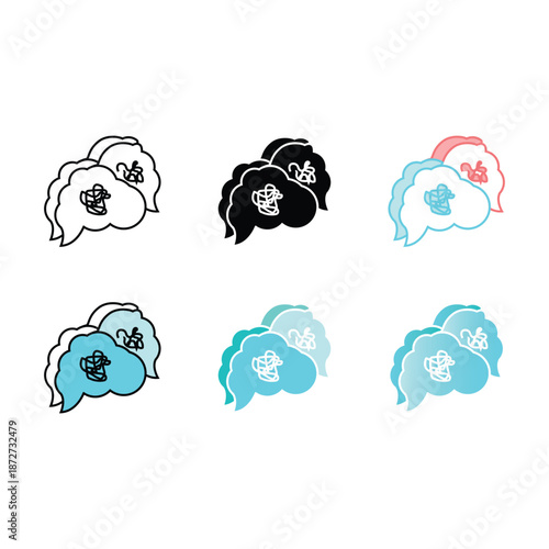 Set of six stylized floral icons in various colors and styles, including outline, solid, and filled versions for graphic design.