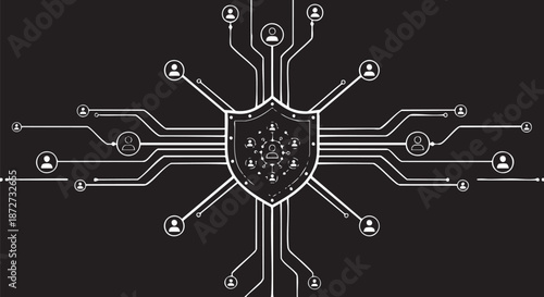 Digital shield protecting network of people and data connections, cybersecurity concept