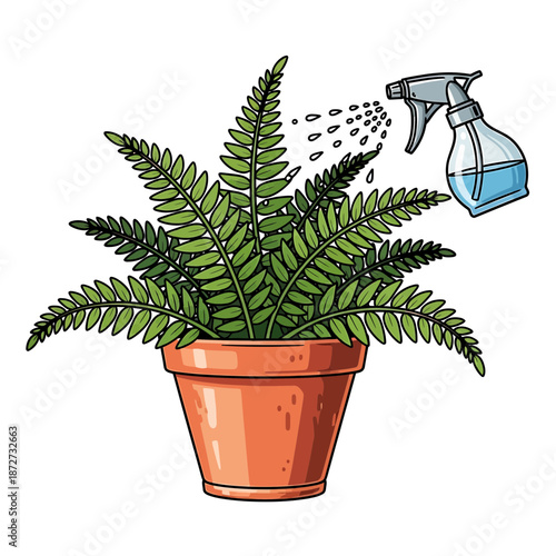 A potted fern being sprayed with water from a spray bottle in a domestic setting