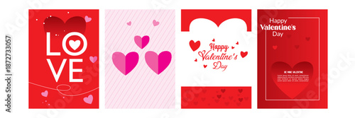 Happy Valentine’s Day A4 Romantic Love Card and Greeting Poster Set with Red and Pink Heart Background, Modern Typography Design for Valentine Celebration, Wedding and Anniversary