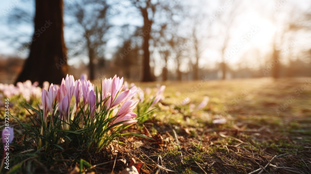 Fototapeta premium Delicate crocuses rise from the soft earth, bathed in golden sunlight as trees stand tall in the background. The scene captures the essence of spring awakening in a serene park