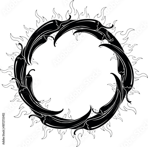 Silhouette of a circular arrangement of sharp tailed creatures