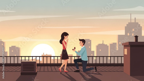 Man proposing to woman on rooftop with city skyline at sunset romantic marriage proposal illustration for engagement and wedding concepts