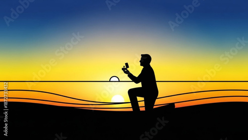 Man proposing marriage on one knee with engagement ring at sunset romantic silhouette on beach with ocean waves and colorful sky concept of love and commitment