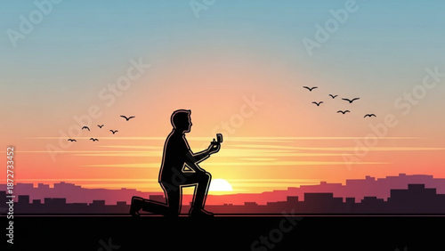 Man proposing with engagement ring on one knee at sunset silhouette of city skyline and birds flying romantic gesture for marriage proposal