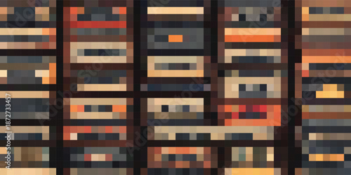 Abstract geometric pattern of stacked cassette tapes.