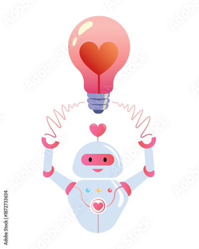 Vector illustration of Robot with love, feeling and technology,  emotional intelligence concept.