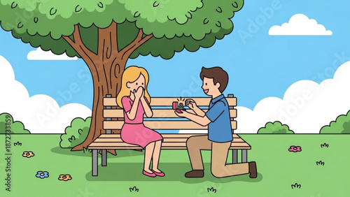 Man proposing marriage to woman on park bench with engagement ring romantic proposal scene illustration for love and relationships