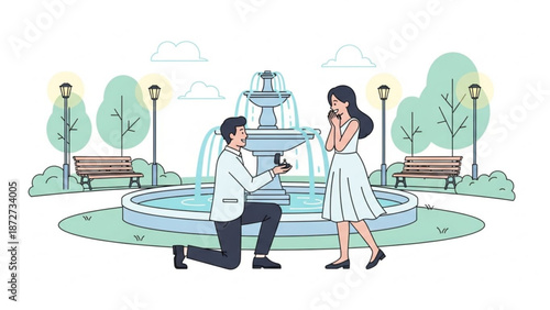 Man proposing marriage to woman in park with fountain romantic proposal scene vector illustration for engagement and love concepts
