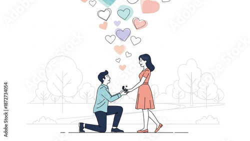 Man proposing marriage to woman with ring surrounded by colorful hearts romantic proposal concept vector illustration for love and relationship themes