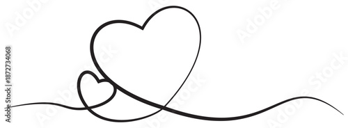 Hand drawn ribbon line of love heart vector, continuous one line drawing romantic heart icon for greeting invitation, wedding card, poster design for valentine.