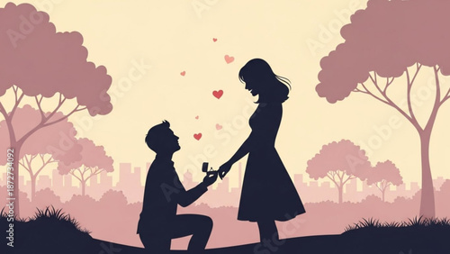 Man proposing marriage to woman with engagement ring silhouette couple in love with hearts and trees romantic concept for wedding or anniversary