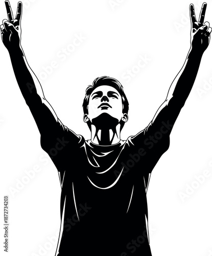 Silhouette of a person with arms raised in a gesture of triumph or celebration