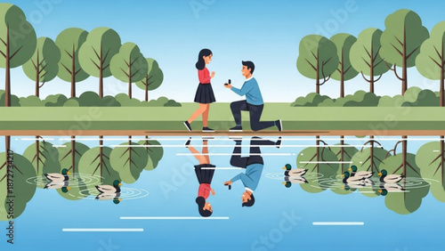 Man proposes to woman with ring by lake reflecting in water with ducks a romantic outdoor scene for engagement and love concepts