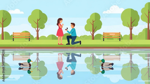 Couples romantic park proposal with engagement ring reflecting in water with ducks flat vector illustration for love and relationship concepts