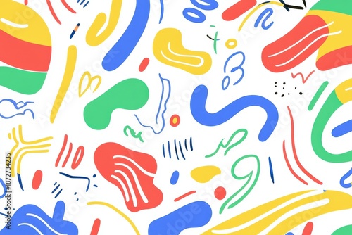 Vibrant abstract pattern with colorful shapes and lines on a white background, creating a playful and dynamic visual effect instantly.