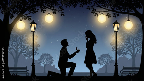 Man proposing marriage to woman in park at night silhouette with engagement ring and glowing lanterns romantic concept for love and commitment