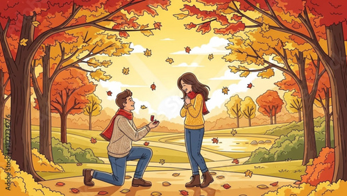 Couple proposing in a park during autumn with falling leaves and colorful trees symbolizing love and commitment for romantic occasions