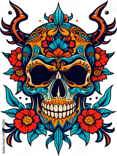 Decorative Floral Skull with Horns, Colorful Sugar Skull Illustration