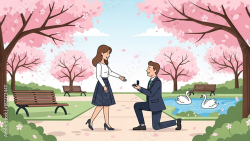 Man proposing marriage to woman in a park with blooming cherry trees a romantic scene of engagement with swans in the background perfect for wedding invitations and love stories