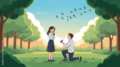Man proposing to woman in a park with a ring romantic scene of marriage proposal illustration for love and relationship concepts