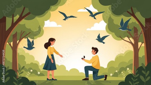 Man proposing marriage to woman in park with birds flying romantic proposal scene illustration for love and relationships