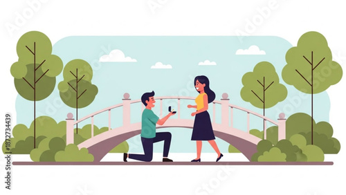 Man proposing to woman with engagement ring on a bridge in a park romantic proposal scene flat vector illustration for love and relationship concepts