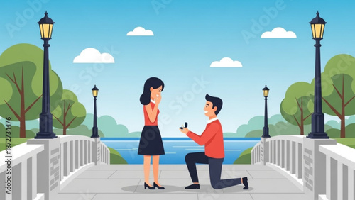 Man proposing marriage to woman on a bridge in a park romantic proposal with engagement ring illustration for love and relationships