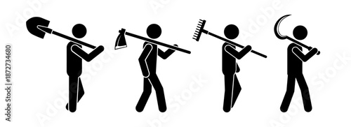 Stickman Farmers with Agricultural Hand Tools Silhouette Set.