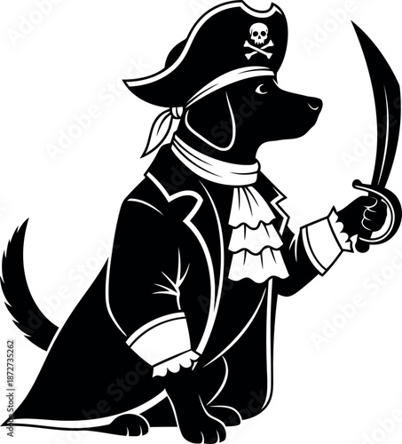 Pirate dog silhouette with sword and treasure hunter costume