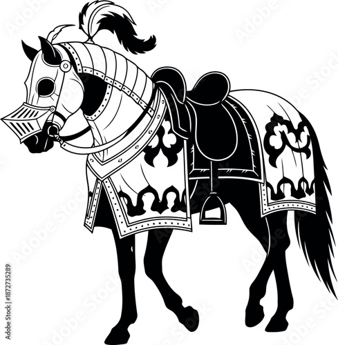 Silhouette of a horse in armor with a saddle