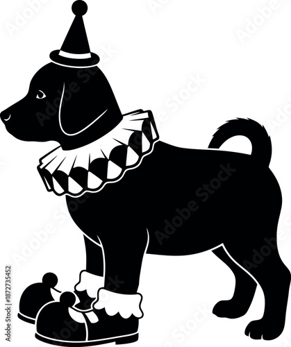 Silhouette of a dog dressed as a clown