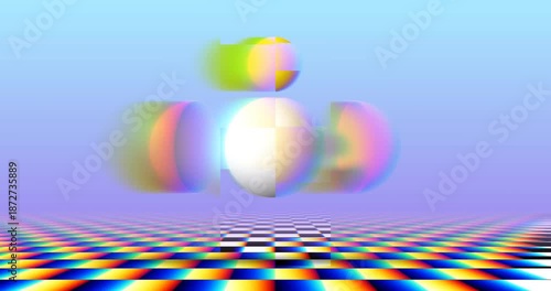 Abstract surreal poster with egg disassembled and sorted by components over chechered landscape in vaporwave style